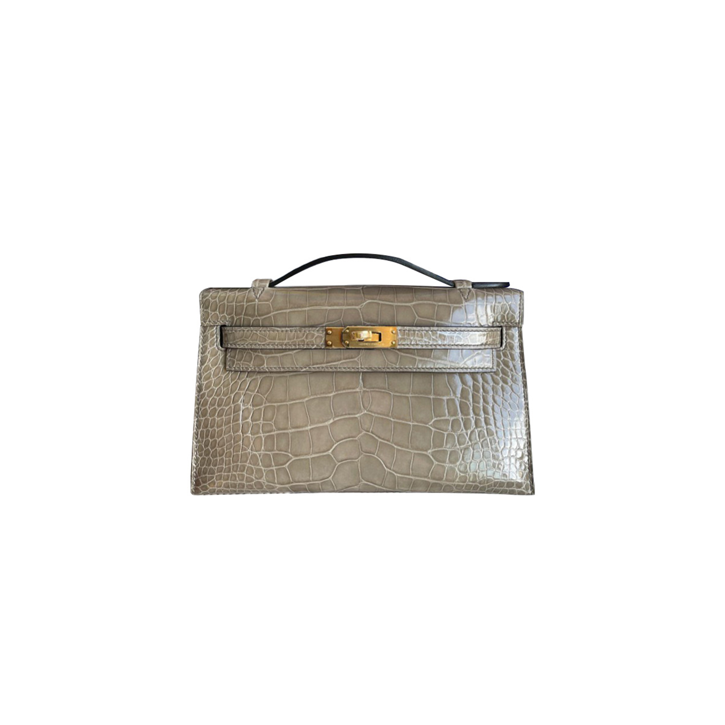 HERMÈS MASTER MINI KELLY CLUTCH SHINY NILOTICUS SHINY CROCODILE LEATHER TRENCH COAT GRAY GOLD BUCKLE (22*14*7cm)